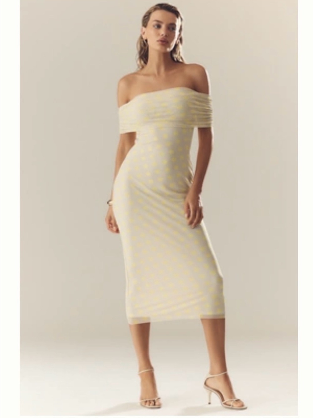 AFRM ZAMORA OFF-THE-SHOULDER MESH MIDI DRESS Yellow Polka Dot SIZE SMALL